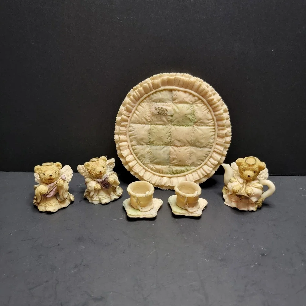 Teddy Bear Miniature Tea Set Painted Resin Quilt